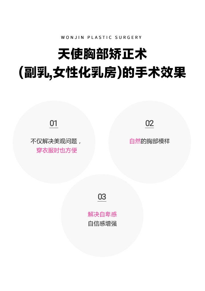 엔젤가슴교정술(부유방,여유증)의 수술효과
		01 미적 개선 효과는 물론 상의 착용시 불편함 해결
		02자연스러운 가슴 모양
		03콤플렉스를 해결하여 자신감 상승
		