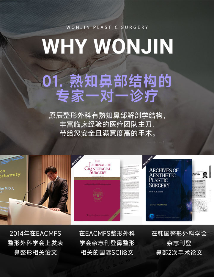 why WJ WONJIN
				01. 코의 구조를 잘 아는 숙련된 전문의 1:1 맞춤 진료
				WJ 원진성형외과는 코의 해부학적 구조를 잘 알고 풍부한 임상 노하우를 지닌 숙련된 의료진이
직접 집도하여 보다 안전하고 만족스러운 결과를 선사합니다. 
2014년 유럽두개안면 성형외과 학회에서 코성형관련 논문 발표
국제 SCI 논문인 두개안면성형학회지에 코성형관련 논문 등재
국제 SCI 논문인 미국 피부외과 학회지에 코성형관련 논문 등재
2차 코높임술을 시행한 치험사례 대한미용성형외과학회지 등재

